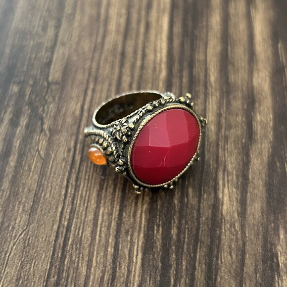 Gold Tone Ring With Red / Orange Stones ASO Alex Russo - Picture 3 of 9